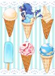  1girl absurdres animal_ears blue_bow blue_choker blue_footwear blue_gloves blue_hair blue_shirt blue_thighhighs bow bubble_skirt choker crown_earrings cure_gelato food food_focus from_side gloves highres ice_cream ice_cream_cone kirakira_precure_a_la_mode layered_skirt lion_ears lion_tail long_hair looking_at_viewer magical_girl name_connection nelo55511 object_namesake open_mouth popsicle precure profile shirt shoes single_thighhigh skirt smile soft_serve solo striped_background tail tategami_aoi thigh-highs waffle_cone 