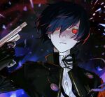  1boy absurdres alternate_eye_color black_gloves blue_hair commentary_request evoker expressionless gekkoukan_high_school_uniform gloves glowing glowing_eyes gun headphones headphones_around_neck highres holding holding_gun holding_weapon looking_at_viewer male_focus ore_iuse pale_skin parted_lips persona persona_3 persona_3_reload red_eyes school_uniform short_hair solo upper_body weapon yuuki_makoto_(persona_3) 