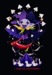  1boy absurdres black_background black_cloak black_sclera carousel cloak colored_sclera colored_skin colored_tongue commentary_request deltarune english_text from_side full_body gloves hand_up hat highres holding holding_scythe jester jester_cap jevil looking_at_viewer male_focus open_mouth pointy_ears purple_gloves purple_skin purple_tongue scythe sharp_teeth simple_background smile solo spade_(shape) standing teeth tongue tongue_out y_o_u_k_a yellow_eyes 