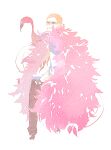  1boy blonde_hair chinese_commentary coat donquixote_doflamingo fish191101756 fur_coat male_focus one_piece pink_coat shirt simple_background smile solo sunglasses white_background white_shirt 