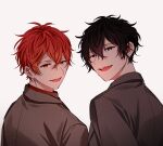  2boys absurdres black_eyes black_hair coat collared_coat ear_piercing given hair_between_eyes highres looking_at_viewer male_focus messy_hair multiple_boys murata_ugetsu open_mouth orange_eyes orange_hair piercing pinoli_(pinoli66) portrait satou_mafuyu short_hair teeth tongue white_background 