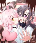  2girls ahoge black_gloves black_hair blue_archive chocolate chocolate_on_face collared_shirt female_sensei_(blue_archive) fingerless_gloves food food_on_face gloves hair_between_eyes halo heart hoshino_(blue_archive) licking licking_another&#039;s_cheek licking_another&#039;s_face long_hair long_sleeves looking_at_viewer multiple_girls open_mouth pink_hair rarasa_(rarasa) sensei_(blue_archive) shirt violet_eyes white_shirt yellow_eyes yuri 