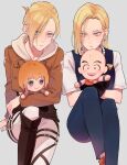  2boys 2girls a_sngk android_18 annie_leonhardt armin_arlert bald blonde_hair blue_eyes blue_vest boots brown_footwear brown_jacket chibi dragon_ball dragon_ball_z earrings grey_background highres hood hoodie jacket jewelry kuririn looking_at_viewer multiple_boys multiple_girls necklace open_mouth pants paradis_military_uniform pearl_necklace shingeki_no_kyojin shirt short_sleeves simple_background sitting size_difference teeth upper_teeth_only vest white_hoodie white_pants white_shirt 