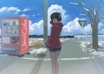  1girl black_hair blue_shorts clouds commentary_request cumulonimbus_cloud film_grain hand_in_own_hair hand_in_pocket highres hood hood_down hooded_jacket inami_hatoko jacket looking_back original outdoors power_lines red_eyes red_jacket road road_sign shadow short_hair shorts sign snow solo standing utility_pole vending_machine 