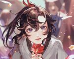  1boy 66patch artist_name black_hair chinese_clothes crowd falling_petals flower hair_ribbon hanfu high_ponytail highres holding holding_flower long_hair looking_up mo_xuanyu modao_zushi open_mouth petals red_flower red_ribbon ribbon smile violet_eyes 