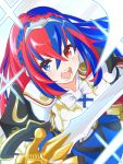  1girl alear_(female)_(fire_emblem) alear_(fire_emblem) blue_eyes blue_hair braid crossed_bangs crown_braid fire_emblem fire_emblem_engage heterochromia highres ikonaska long_hair multicolored_hair open_mouth red_eyes redhead split-color_hair tiara two-tone_hair very_long_hair 