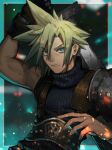  1boy armor blonde_hair blue_eyes blurry blurry_background buster_sword cloud_strife earrings embers final_fantasy final_fantasy_vii gloves highres holding holding_sword holding_weapon jewelry jumpsuit looking_at_viewer male_focus ohji130 purple_jumpsuit short_hair shoulder_armor sleeveless sleeveless_turtleneck solo spiky_hair suspenders sword turtleneck weapon 