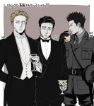  2_o_tori 3boys black_hair blonde_hair bow bowtie cocktail_glass collared_shirt cowboy_shot cup drinking_glass expressionless formal gloves highres higuruma_hiromi holding holding_cup jujutsu_kaisen kusakabe_atsuya long_sleeves male_focus martini military_uniform monocle multiple_boys nanami_kento necktie olive shirt short_hair spiky_hair standing suit uniform waistcoat 