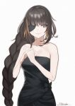  1girl black_dress braid breasts brown_eyes brown_hair closed_mouth dress eyepatch girls_frontline highres looking_to_the_side m16a1_(girls&#039;_frontline) mole mole_under_eye multicolored_hair own_hands_together saturndxy scar simple_background 