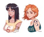  2girls arm_tattoo armlet artist_name black_hair blue_eyes blunt_bangs cocoyashin commentary earrings english_commentary floating_hair freckles highres jewelry looking_at_viewer looking_to_the_side medium_hair multiple_girls nami_(one_piece) nico_robin one_piece orange_eyes orange_hair shirt short_hair simple_background t-shirt tank_top tattoo upper_body white_background 