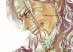  1boy beard close-up commentary facial_hair glasses long_hair looking_ahead male_focus one_piece profile sidelocks silvers_rayleigh simple_background smile solo tsuyomaru v-shaped_eyebrows white_background white_hair 