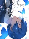 1boy artist_name black_jacket black_ribbon blue_butterfly bug butterfly closed_eyes collared_shirt copyright_name gekkoukan_high_school_uniform headphones highres jacket male_focus neck_ribbon open_clothes open_jacket parted_lips persona persona_3 persona_3_reload ribbon school_uniform shirt short_hair signature simple_background solo tukaharakaname upper_body upside-down white_background white_shirt wing_collar yuuki_makoto_(persona_3) 
