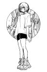  1girl breasts closed_mouth full_body greyscale highres kotoyama looking_at_viewer monochrome original shoes short_hair skirt sneakers solo white_background 