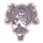  1girl ame-chan_(needy_girl_overdose) black_eyes black_hair black_ribbon black_skirt chibi closed_mouth frown full_body hair_ornament hair_over_one_eye hands_up holding holding_phone long_hair looking_at_viewer mew_(mewrurirun) neck_ribbon needy_girl_overdose phone red_shirt ribbon shirt simple_background skirt solo standing suspender_skirt suspenders tearing_up twintails white_background x_hair_ornament 