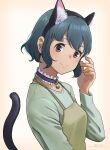  1girl animal_ears apron bell blue_hair cat_ears fake_animal_ears highres horikou neck_bell pink_eyes shima_saki short_hair simple_background smile solo tail upper_body yurucamp 