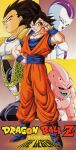  1990s_(style) 5boys black_eyes black_hair black_sclera blue_tongue cell_(dragon_ball) colored_sclera colored_skin colored_tongue copyright_name dougi dragon_ball dragon_ball_z fangs frieza hand_on_own_hip highres kid_buu looking_at_viewer majin_buu male_focus multiple_boys muscular muscular_male non-web_source official_art open_mouth perfect_cell pink_eyes pink_skin red_eyes retro_artstyle saiyan saiyan_armor scowl serious short_hair smile son_goku spiky_hair standing vegeta white_skin wristband 
