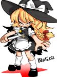  1girl apron black_eyes black_footwear black_headwear black_skirt black_vest blonde_hair blush_stickers bow braid closed_mouth commentary_request cookie_(touhou) dated full_body glint hair_bow hat hat_bow holding holding_knife kirisame_marisa knife long_hair looking_at_viewer mary_janes medium_bangs one_eye_closed puffy_short_sleeves puffy_sleeves red_bow red_star shirt shoes short_sleeves simple_background single_braid skirt skirt_set smile socks solo standing star_(symbol) suzu_(cookie) tetugakuzonbi touhou turtleneck_shirt unusually_open_eyes vest waist_apron white_apron white_background white_bow white_shirt white_socks witch_hat 