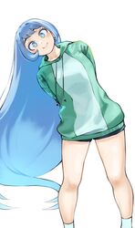  1girl absurdres arms_behind_back blue_eyes blue_hair blue_shorts boku_no_hero_academia closed_mouth fengling_(furin-jp) green_hoodie hadou_nejire highres hood hoodie long_hair looking_at_viewer short_shorts shorts simple_background smile solo white_background 