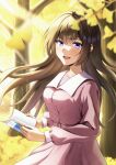  1girl belt blurry blurry_foreground book brown_hair collared_dress dress ginkgo_leaf highres holding holding_book leaf long_hair long_sleeves looking_at_viewer open_mouth original outdoors smile solo sora_harukawa tree very_long_hair violet_eyes 
