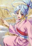  1girl blue_hair botan_(yu_yu_hakusho) broom broom_riding highres japanese_clothes kimono long_hair long_sleeves looking_at_viewer nail_polish obi open_mouth pink_eyes pink_kimono ponytail sash sidelocks smile solo tomo115 yu_yu_hakusho 