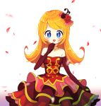  1girl blue_eyes blush dress elbow_gloves flower frilled_dress frills gloves gold_necklace hair_flower hair_ornament highres jewelry long_hair looking_at_viewer mona_(warioware) necklace off-shoulder_dress off_shoulder offbeat open_mouth orange_hair petals smile warioware warioware_gold 