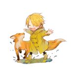  1boy ^_^ animal arms_up blonde_hair boots child closed_eyes commentary_request curly_eyebrows fox hair_over_one_eye highres hood hooded_coat male_focus one_piece sanji_(one_piece) short_hair simple_background smile walking white_background xx_zslove 