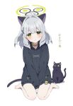  1girl animal_ears barefoot bell between_legs black_cat blue_archive blush cat cat_ears cat_tail choker green_eyes grey_hair halo hare_(blue_archive) highres long_sleeves mochigome_(ununquadium) simple_background sitting tail wariza white_background 