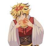  1990s_(style) 1girl black_hair blonde_hair burger food hair_ornament highres holding holding_food long_sleeves multicolored_hair retro_artstyle sash simple_background solo step_arts toramaru_shou touhou two-tone_hair upper_body white_background wide_sleeves yellow_eyes 