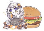  +_+ 1girl ahoge black_dress bow braid burger chibi collared_shirt commentary_request detached_sleeves dress drooling finger_to_own_chin food food_with_face fu-ren grey_hair hair_bow hair_ornament hand_up index_finger_raised kizuna_akari layered_sleeves long_hair long_sleeves low_twin_braids mouth_drool multiple_hair_bows no_shoes orange_bow orange_pantyhose orange_sleeves oversized_food oversized_object pantyhose pinafore_dress puffy_short_sleeves puffy_sleeves shirt short_eyebrows short_over_long_sleeves short_sleeves simple_background sleeveless sleeveless_dress solo sparkle standing striped_bow twin_braids v-shaped_eyebrows very_long_hair violet_eyes vocaloid voiceroid white_background white_shirt 