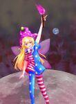  1girl american_flag american_flag_print arms_up blonde_hair clownpiece earth_(planet) fire flag_print hat highres holding holding_torch jester_cap jester_costume long_hair looking_at_viewer moon open_mouth planet purple_fire scenery shee_take solo space torch touhou violet_eyes 