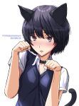  1girl :&lt; amagami animal_ears artist_name black_collar black_hair black_sweater_vest blush breasts brown_eyes cat_day cat_ears cat_tail close-up collar collared_shirt commentary dated dress_shirt hair_between_eyes hands_up highres kemonomimi_mode light_blush looking_at_viewer medium_breasts mitojyaneeeeyo nanasaki_ai nose_blush parted_lips paw_pose portrait raised_eyebrows shirt short_hair simple_background solo sweater_vest tail twitter_username upper_body white_background white_shirt 