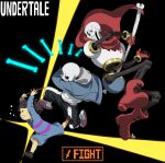  1other 2boys androgynous ankle_boots arms_up black_background black_shorts blue_jacket bone boots brothers brown_footwear brown_hair cape cel_shading child clenched_teeth closed_eyes commentary copyright_name floating floating_cape floating_object frisk_(undertale) from_side full_body gameplay_mechanics gloves grin highres holding holding_bone holding_stick hood hood_down hooded_jacket jacket jumping kamezaemon male_focus midair multiple_boys papyrus_(undertale) pink_footwear red_cape red_footwear red_gloves romper sans shirt shoes short_hair shorts siblings simple_background skeleton slippers smile socks stick teeth undertale white_shirt white_socks 