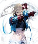  1girl abs armored_gloves blonde_hair blue_eyes blue_jacket cammy_white cofffee cropped_jacket fingerless_gloves gloves jacket midriff red_gloves short_hair solo sports_bra street_fighter street_fighter_6 white_background 