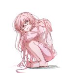  1girl absurdres bang_dream! bang_dream!_it&#039;s_mygo!!!!! chihaya_anon chinese_commentary commentary_request full_body glasses highres hood hood_down hoodie long_hair long_sleeves looking_at_viewer muonrei00 pink_eyes pink_footwear pink_hair pink_hoodie shadow slippers solo squatting white_background 
