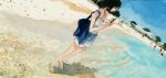  1girl bag bare_legs beach blue_bag camisole day denim denim_shorts dutch_angle english_commentary handbag highres holding holding_phone horizon korean_commentary mixed-language_commentary original outdoors painting_(medium) parasol people phone sandals seong_ryul shore shorts sky soaking_feet standing toes traditional_media tree umbrella water watercolor_(medium) white_camisole 