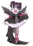  1girl absurdres ame-chan_(needy_girl_overdose) black_dress black_eyes black_hair black_wings bow closed_mouth commentary dress feathered_wings frilled_dress frills full_body gothic_lolita hair_over_one_eye highres lolita_fashion long_hair long_sleeves mew_(mewrurirun) needy_girl_overdose pantyhose puffy_long_sleeves puffy_sleeves red_bow red_ribbon ribbon simple_background solo standing twintails white_background wings 