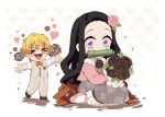  &gt;_&lt; 1boy 1girl agatsuma_zenitsu bamboo bit_gag black_flower black_hair black_rose blonde_hair brown_hair closed_eyes dress flower forehead gag gradient_hair hair_flower hair_ornament jacket kamado_nezuko kimetsu_no_yaiba long_hair long_sleeves looking_at_viewer multicolored_hair open_mouth pants pink_eyes pink_footwear pink_jacket pori_(kmt_pori) ribbon rose shirt shoes very_long_hair vest white_shirt 