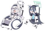  2girls absurdly_long_hair aris_(blue_archive) black_hair blue_archive blue_eyes blue_halo blush chibi grey_hair halo highres himari_(blue_archive) koyansuee long_hair multiple_girls open_mouth pointy_ears powered_wheelchair simple_background smile very_long_hair wheelchair white_background 
