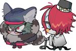  2boys animal_ears animal_hat black_footwear black_headwear cabbie_hat cape chibi closed_mouth commentary_request fake_animal_ears full_body fur_collar glasses green_hair hair_between_eyes hair_over_one_eye hat highres holding holding_whip long_sleeves looking_at_viewer male_focus master_detective_archives:_rain_code multiple_boys na_6 open_mouth red-framed_eyewear red_eyes redhead round_eyewear shoes short_hair simple_background smile standing white_background white_cape yomi_hellsmile zilch_alexander 