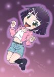  1girl artist_name black_hair black_socks blue_shorts bob_cut brown_eyes collarbone commentary_request cropped_shirt dated full_body highres hood hoodie leona_(ninjala) midriff mochi-iri_kinchaku navel ninjala open_mouth pink_hoodie short_shorts shorts signature smile socks solo tongue tongue_out 