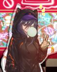  1girl animal_ear_hood annie_(annhoyyy) black_hair brown_eyes bubble_blowing casual chewing_gum duel_monster hand_up hat_under_hood highres hood hoodie i:p_masquerena mechanical_tail official_alternate_costume one_eye_closed solo tail v yu-gi-oh! 