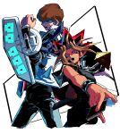  2boys black_pants blonde_hair blue_eyes blurry brown_hair card chain chain_necklace clenched_hand coat duel_disk dyed_bangs glowing glowing_eyes hand_up holding holding_card jacket jewelry kaiba_seto kokusoji looking_at_viewer male_focus millennium_puzzle multicolored_hair multiple_boys necklace open_clothes open_coat open_mouth pants shirt simple_background solo spiky_hair teeth white_background white_coat yami_yuugi yu-gi-oh! yu-gi-oh!_duel_monsters 