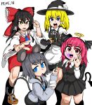  4girls :d animal_ears apron ascot basket bibian_(cookie) black_gloves black_hair black_headwear black_ribbon black_skirt black_vest blonde_hair blue_ascot blue_eyes blush bow breasts buttons clenched_hand collared_shirt commentary_request cookie_(touhou) crystal dated demon_girl demon_tail demon_wings detached_sleeves fake_nyon_(cookie) feet_out_of_frame frilled_bow frilled_hair_tubes frills gloves grey_hair grey_hoodie hair_between_eyes hair_bow hair_tubes hakurei_reimu halo hat hat_bow head_wings holding holding_notebook holding_pencil hood hood_down hoodie jewelry kinu_(cookie) kirisame_marisa koakuma long_hair long_sleeves looking_at_viewer medium_bangs mouse mouse_ears mouse_girl mouse_tail mugi_(cookie) multiple_girls nazrin neck_ribbon necktie notebook open_mouth pencil pendant poison puffy_short_sleeves puffy_sleeves red_bow red_eyes red_necktie red_shirt red_skirt redhead ribbon ribbon-trimmed_sleeves ribbon_trim shirt short_hair short_sleeves sidelocks simple_background skirt skirt_set sleeveless sleeveless_shirt small_breasts smile tail teeth tetugakuzonbi touhou upper_teeth_only v-shaped_eyebrows vest waist_apron white_apron white_background white_bow white_shirt white_sleeves wide_sleeves wings witch_hat yellow_halo 