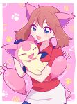  0zr8hc 1girl :d animal_ears blue_eyes brown_hair cat_day cat_ears cat_tail dated gloves highres holding holding_pokemon looking_at_viewer may_(pokemon) open_mouth paw_print paw_print_background pink_background pokemon pokemon_(anime) pokemon_(creature) pokemon_rse_(anime) red_shirt shirt short_sleeves skitty smile tail twitter_username 