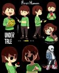  1boy 1other :d absurdres androgynous black_shorts blue_jacket blush_stickers bouquet brown_footwear brown_hair brown_pants candy cape cel_shading chara_(undertale) character_name child chocolate chocolate_bar commentary copyright_name crazy_eyes cropped_torso dagger eating evil_grin evil_smile flower food food_in_mouth full_body green_shirt grin hands_in_pockets health_bar heart highres holding holding_bouquet holding_cape holding_clothes holding_dagger holding_flower holding_knife holding_weapon hollow_eyes hollow_mouth hood hood_down hooded_jacket jacket kamezaemon knife long_sleeves looking_at_viewer melting_eyes multiple_views no_nose open_clothes open_jacket open_mouth other_focus pants pink_footwear pointing pointing_at_viewer red_cape sans shaded_face shirt shoes short_hair shorts skeleton slippers smile solid_oval_eyes solo_focus standing steak striped_clothes striped_shirt undertale unworn_cape walking weapon white_shirt yellow_flower 