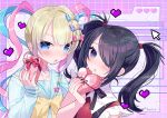  2girls :o ame-chan_(needy_girl_overdose) black_hair black_ribbon blonde_hair blue_bow blue_eyes blue_hair blush bow box chouzetsusaikawa_tenshi-chan commentary_request cursor dual_persona gift gift_box hair_bow hair_ornament hair_over_one_eye hand_up heart heart-shaped_box holding holding_gift long_hair long_sleeves looking_at_viewer multicolored_hair multiple_girls nail_polish neck_ribbon needy_girl_overdose open_mouth pink_background pink_bow pink_hair pixel_heart purple_bow quad_tails red_nails red_shirt ribbon sailor_collar shirt twintails upper_body valentine violet_eyes window_(computing) x_hair_ornament zest_(lossol) 