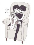  2boys :o antenna_hair armchair bare_shoulders between_legs black_eyes black_hair black_shirt black_tank_top black_thighhighs bright_pupils brown_shorts chair child chromatic_aberration collarbone commentary_request dot_nose dual_persona earphones earphones expressionless flat_color full_body highres holding kneehighs knees_up male_focus multiple_boys no_shoes omori omori_(omori) on_chair shared_earphones shirt short_hair short_sleeves shorts simple_background sitting socks sunny_(omori) t-shirt tank_top thigh-highs toastytoast walkman white_background white_pupils white_shorts white_socks 