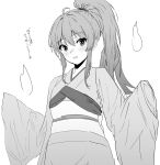  1girl blush botan_(yu_yu_hakusho) greyscale highres japanese_clothes kimono long_hair long_sleeves looking_at_viewer metsu_end monochrome open_mouth ponytail simple_background smile solo white_background yu_yu_hakusho 