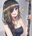  1girl black_dress braid brown_eyes brown_hair dress eyepatch girls_frontline hanato_(seonoaiko) highres holding holding_instrument instrument jewelry long_hair m16a1_(girls&#039;_frontline) mole mole_under_eye multicolored_hair necklace open_mouth scar 