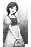  1girl absurdres bow braid dress greyscale hairband highres looking_at_viewer monochrome open_mouth original puffy_sleeves smile standing swept_bangs tana_m 